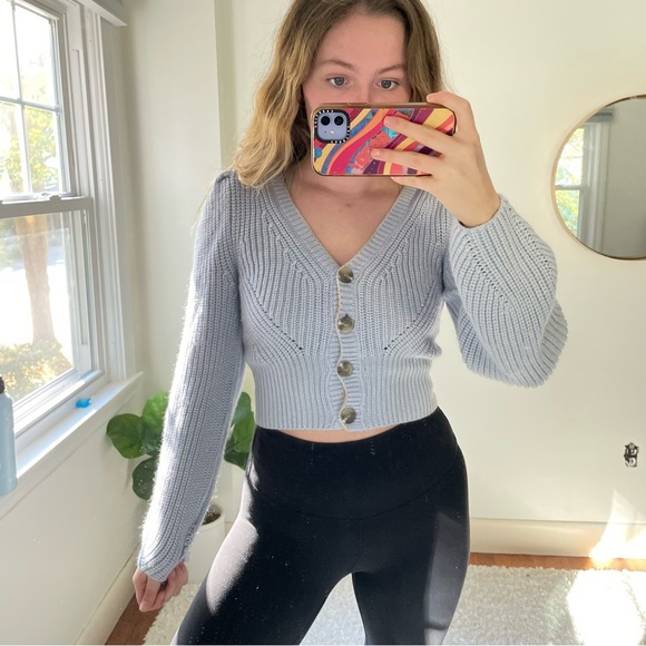Urban Outfitters Light Blue Puff Sleeve Cardigan - Picture 2 of 3